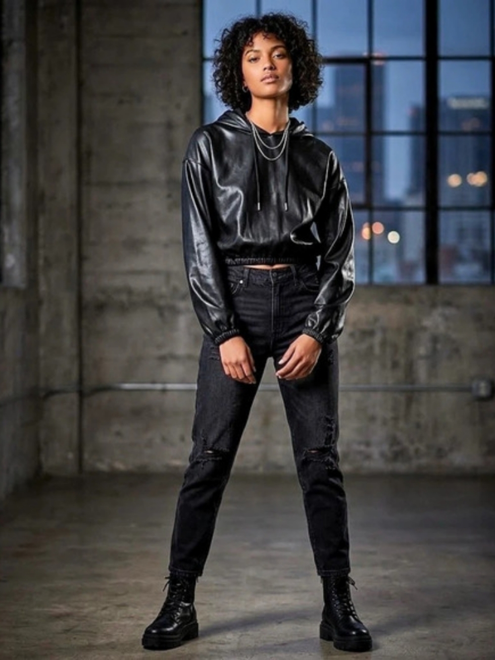 Fabletics Vegan Leather Hoodie Black Hooded Jacket Medium